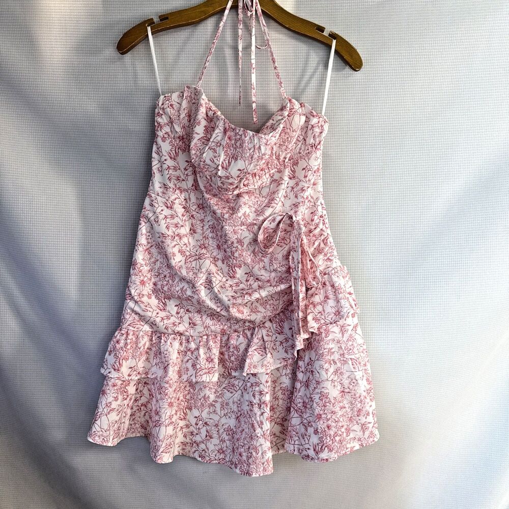 Shein Mod Mini Halter Dress Pink White Floral - Summer Party Boho - L